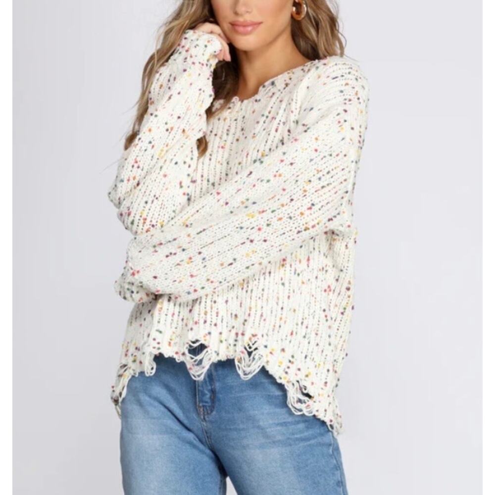 Morgan Claire White & Multicolor Distressed Open Knit Sweater Women's Medium NWT